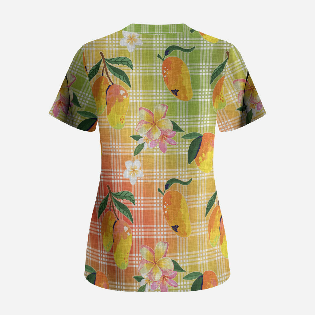 Aloha Hawaii Palaka Print Mango Plumeria Scrub Top Tropical Vibes