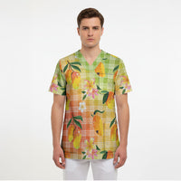 Aloha Hawaii Palaka Print Mango Plumeria Scrub Top Tropical Vibes
