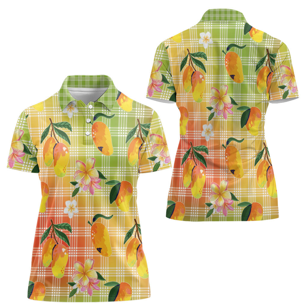Aloha Hawaii Palaka Print Mango Plumeria Women Polo Shirt Tropical Vibes