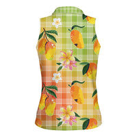 Aloha Hawaii Palaka Print Mango Plumeria Women Sleeveless Polo Shirt Tropical Vibes