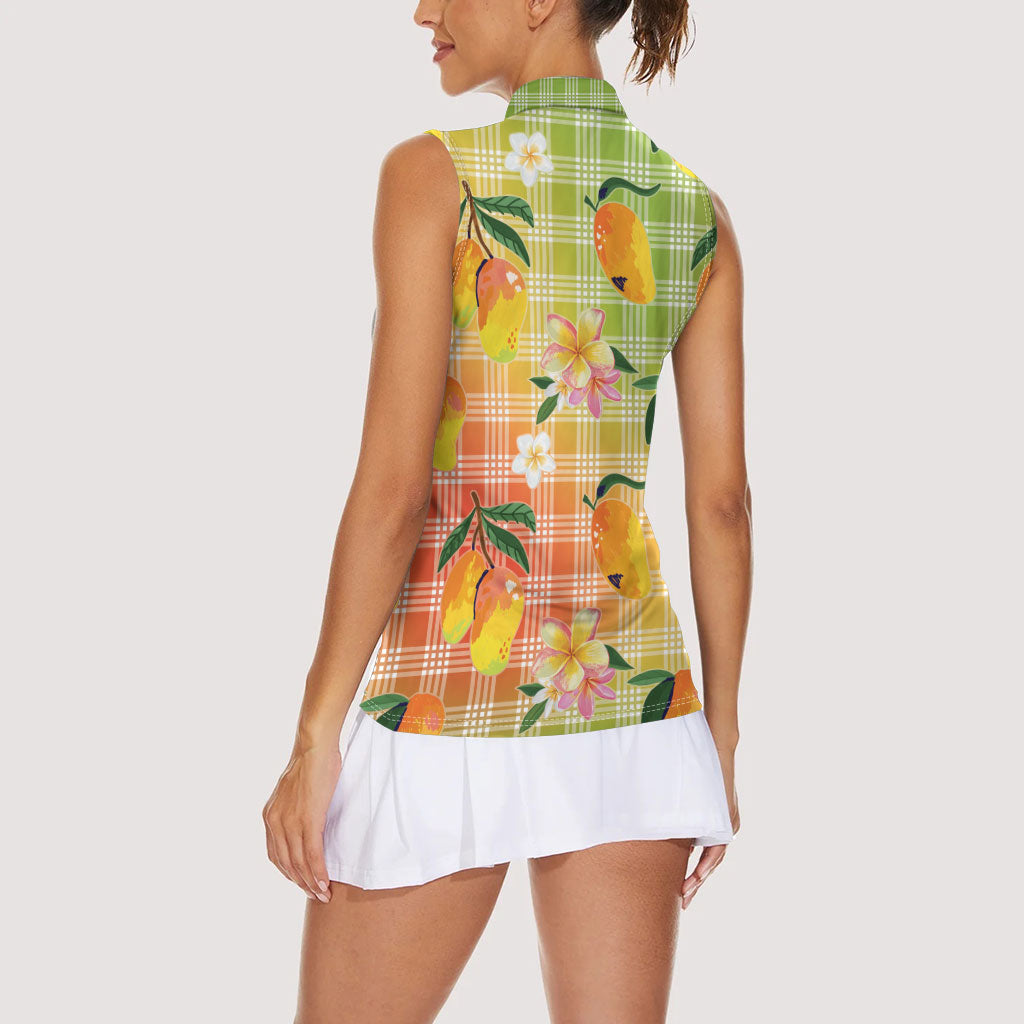 Aloha Hawaii Palaka Print Mango Plumeria Women Sleeveless Polo Shirt Tropical Vibes