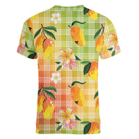Aloha Hawaii Palaka Print Mango Plumeria Women V-Neck T-Shirt Tropical Vibes