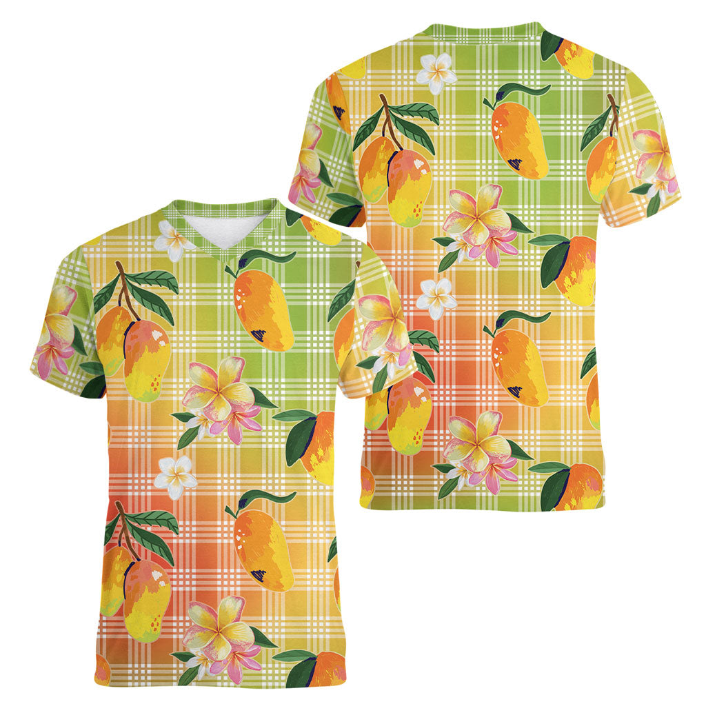 Aloha Hawaii Palaka Print Mango Plumeria Women V-Neck T-Shirt Tropical Vibes