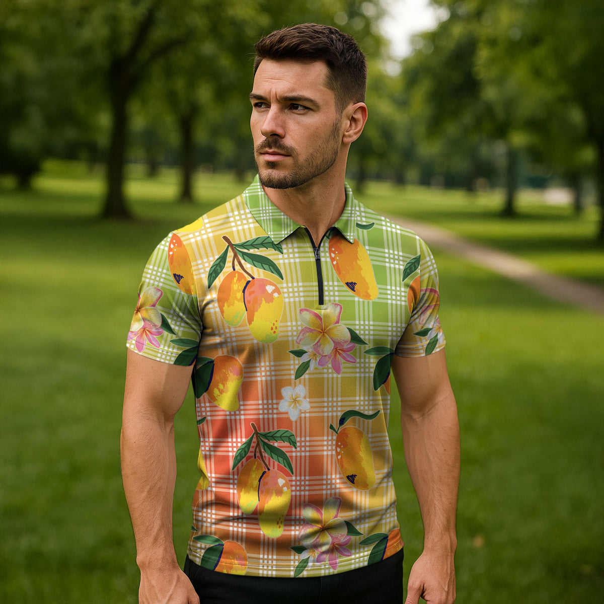 Aloha Hawaii Palaka Print Mango Plumeria Zipper Polo Shirt Tropical Vibes