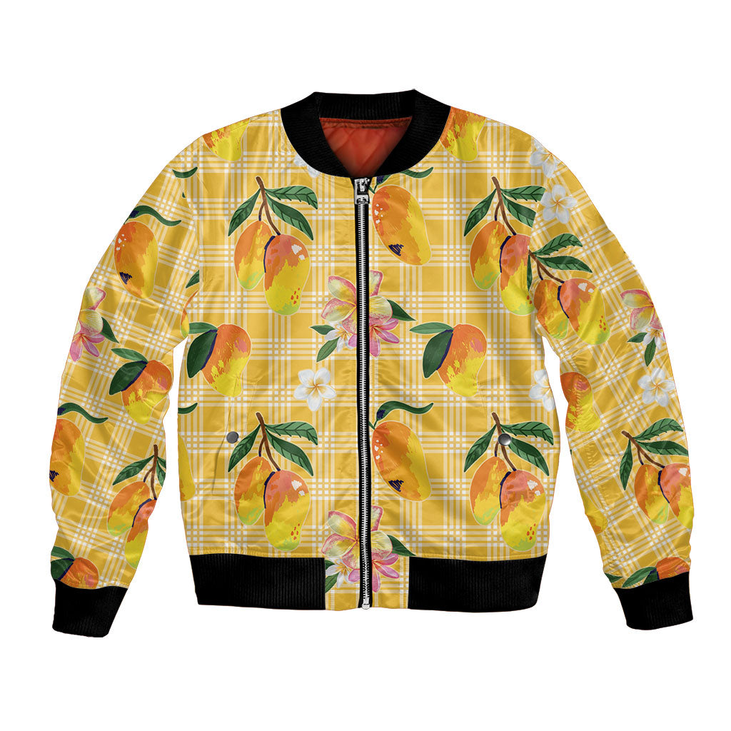 Aloha Hawaii Palaka Print Mango Plumeria Bomber Jacket Fresh Lemon