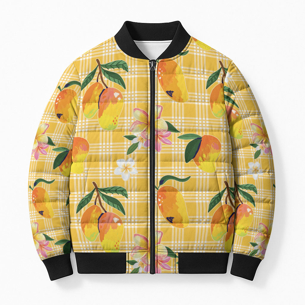 Aloha Hawaii Palaka Print Mango Plumeria Bomber Puffer Jacket Fresh Lemon