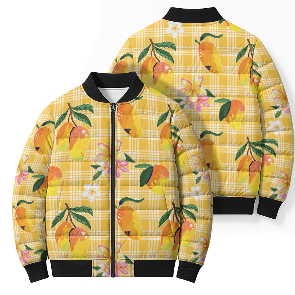 Aloha Hawaii Palaka Print Mango Plumeria Bomber Puffer Jacket Fresh Lemon