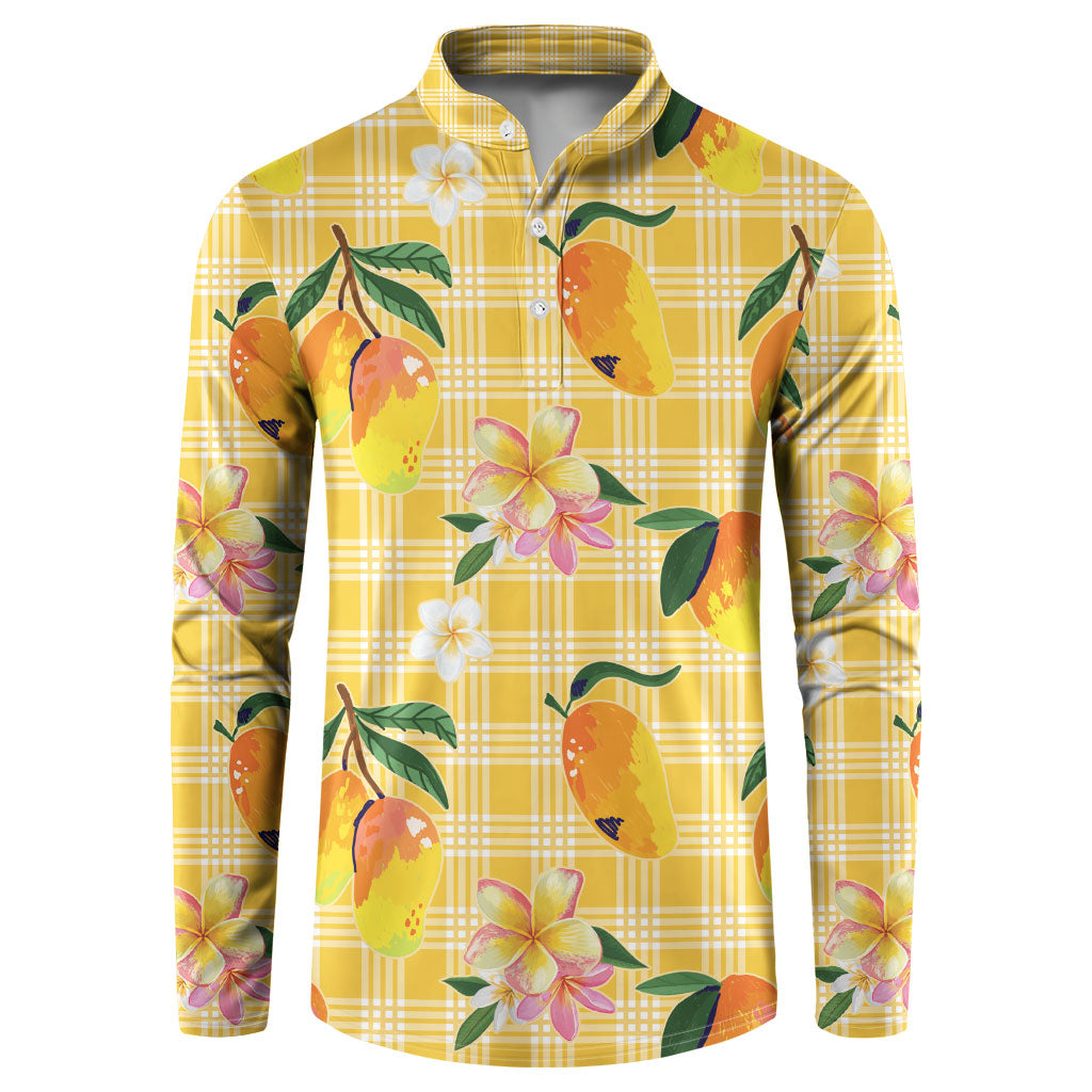Aloha Hawaii Palaka Print Mango Plumeria Button Sweatshirt Fresh Lemon