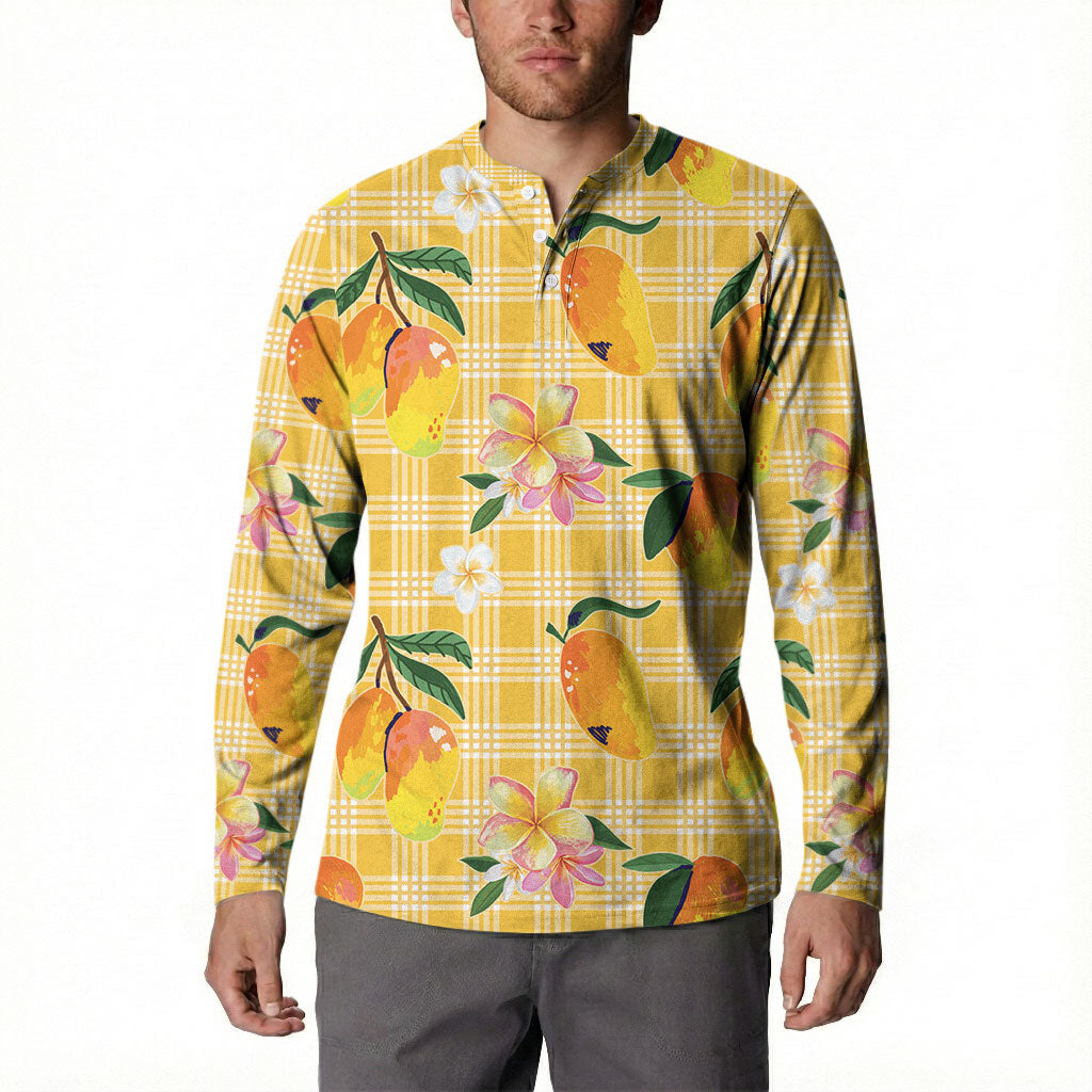 Aloha Hawaii Palaka Print Mango Plumeria Button Sweatshirt Fresh Lemon