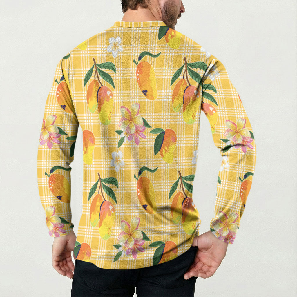 Aloha Hawaii Palaka Print Mango Plumeria Button Sweatshirt Fresh Lemon