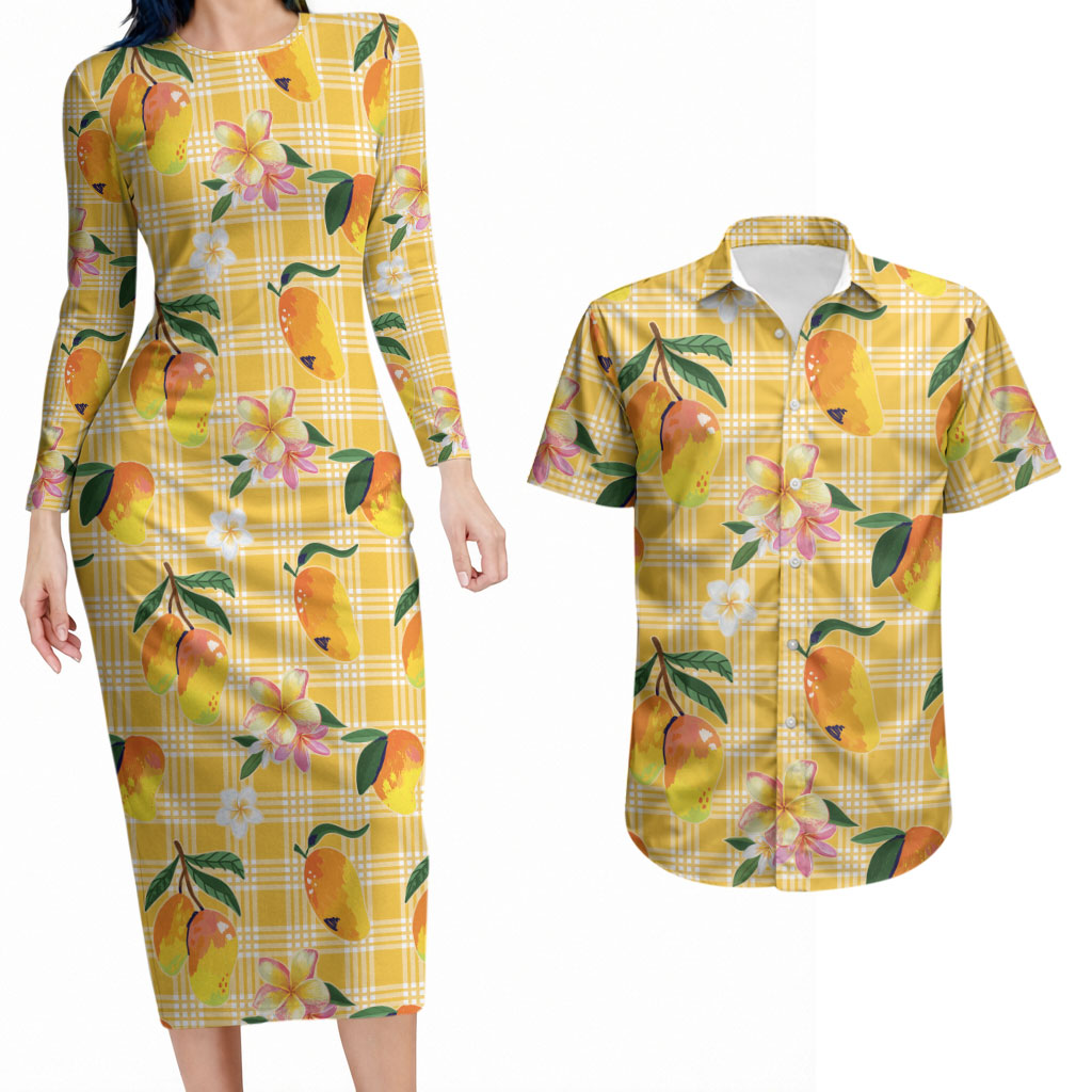 Aloha Hawaii Palaka Print Mango Plumeria Couples Matching Long Sleeve Bodycon Dress and Hawaiian Shirt Fresh Lemon
