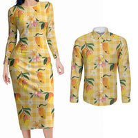 Aloha Hawaii Palaka Print Mango Plumeria Couples Matching Long Sleeve Bodycon Dress and Long Sleeve Button Shirt Fresh Lemon