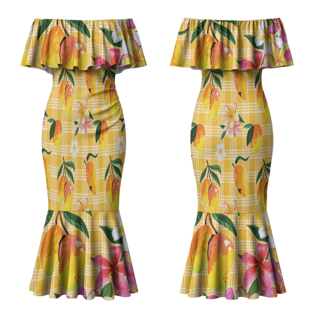 Aloha Hawaii Palaka Print Mango Plumeria Couples Matching Mermaid Dress and Hawaiian Shirt Fresh Lemon