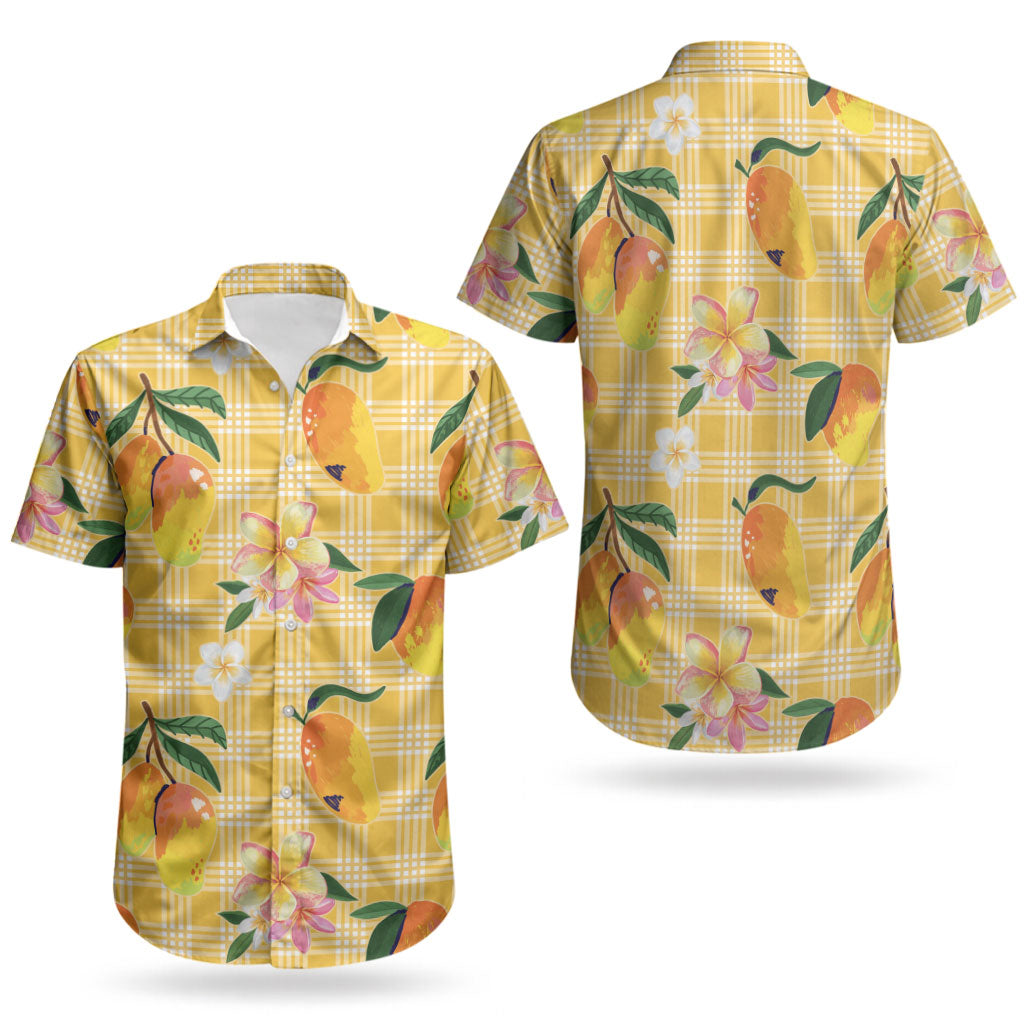 Aloha Hawaii Palaka Print Mango Plumeria Couples Matching Off Shoulder Maxi Dress and Hawaiian Shirt Fresh Lemon