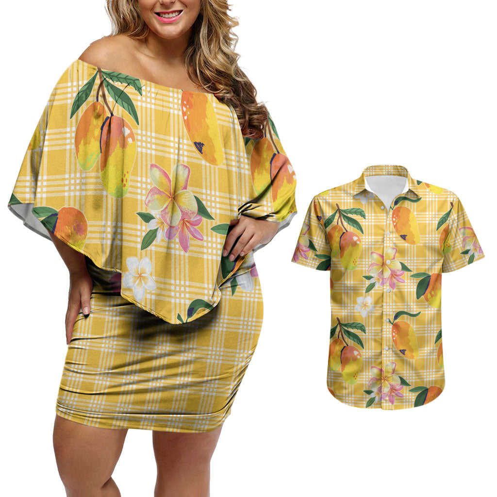 Aloha Hawaii Palaka Print Mango Plumeria Couples Matching Off Shoulder Short Dress and Hawaiian Shirt Fresh Lemon
