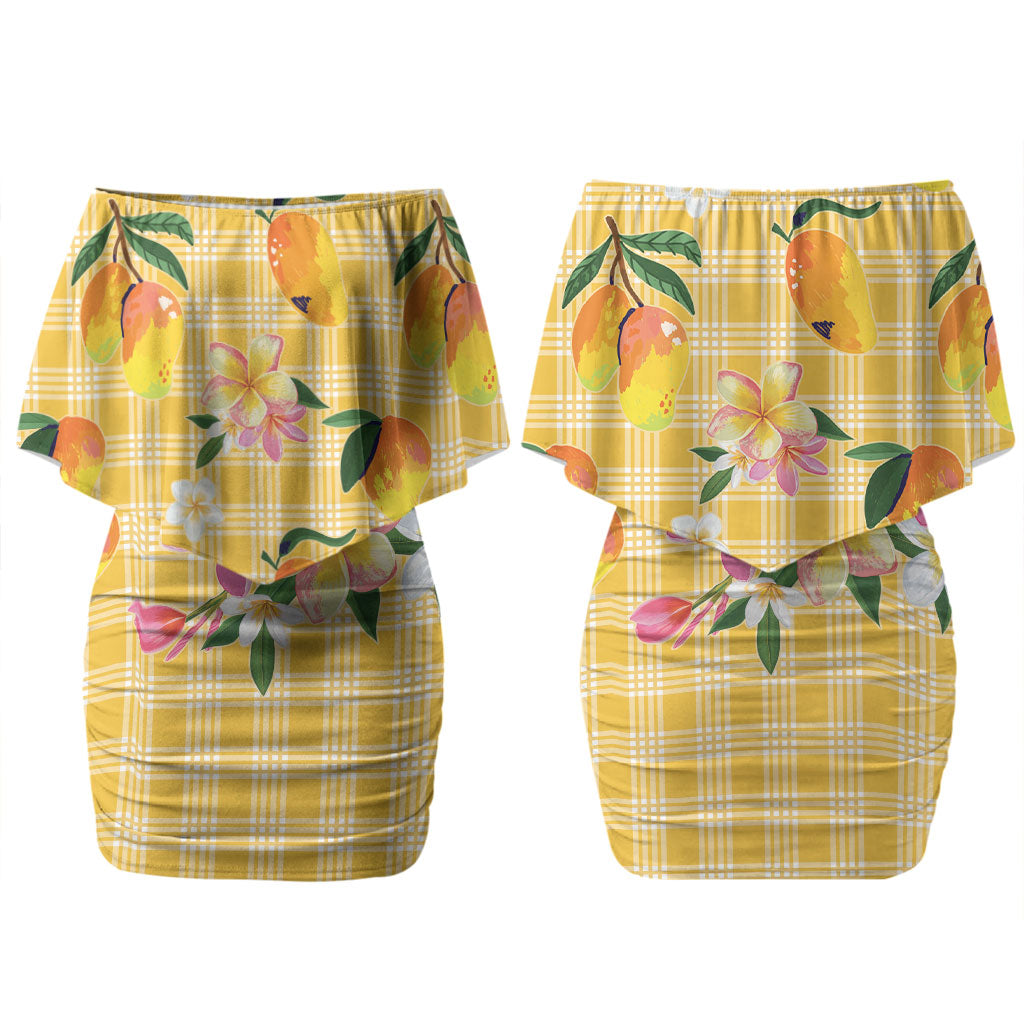 Aloha Hawaii Palaka Print Mango Plumeria Couples Matching Off Shoulder Short Dress and Long Sleeve Button Shirt Fresh Lemon