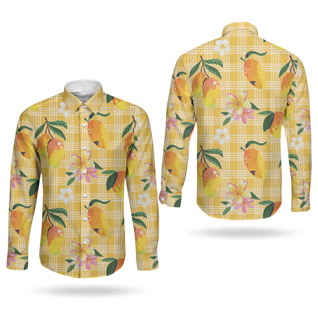 Aloha Hawaii Palaka Print Mango Plumeria Couples Matching Off The Shoulder Long Sleeve Dress and Long Sleeve Button Shirt Fresh Lemon