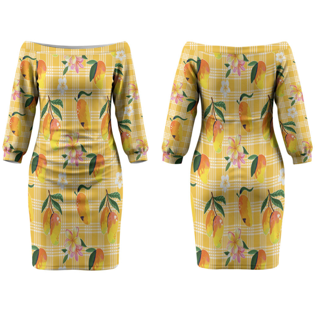 Aloha Hawaii Palaka Print Mango Plumeria Couples Matching Off The Shoulder Long Sleeve Dress and Long Sleeve Button Shirt Fresh Lemon