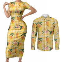 Aloha Hawaii Palaka Print Mango Plumeria Couples Matching Short Sleeve Bodycon Dress and Long Sleeve Button Shirt Fresh Lemon