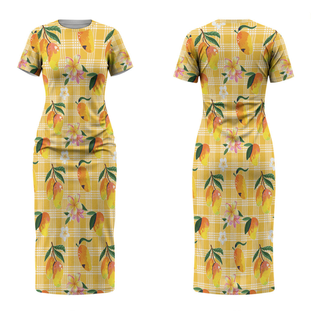 Aloha Hawaii Palaka Print Mango Plumeria Couples Matching Short Sleeve Bodycon Dress and Long Sleeve Button Shirt Fresh Lemon