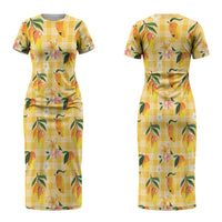 Aloha Hawaii Palaka Print Mango Plumeria Couples Matching Short Sleeve Bodycon Dress and Long Sleeve Button Shirt Fresh Lemon