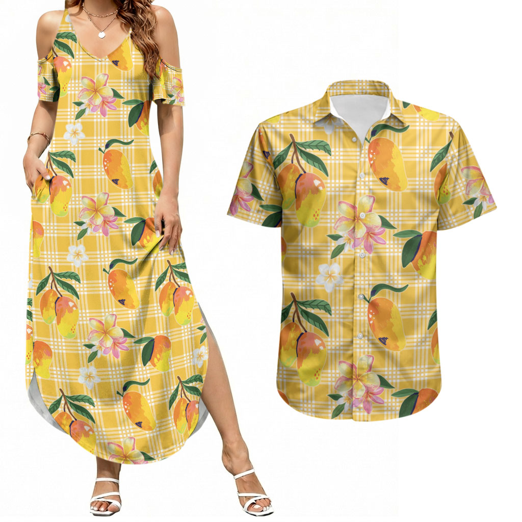 Aloha Hawaii Palaka Print Mango Plumeria Couples Matching Summer Maxi Dress and Hawaiian Shirt Fresh Lemon