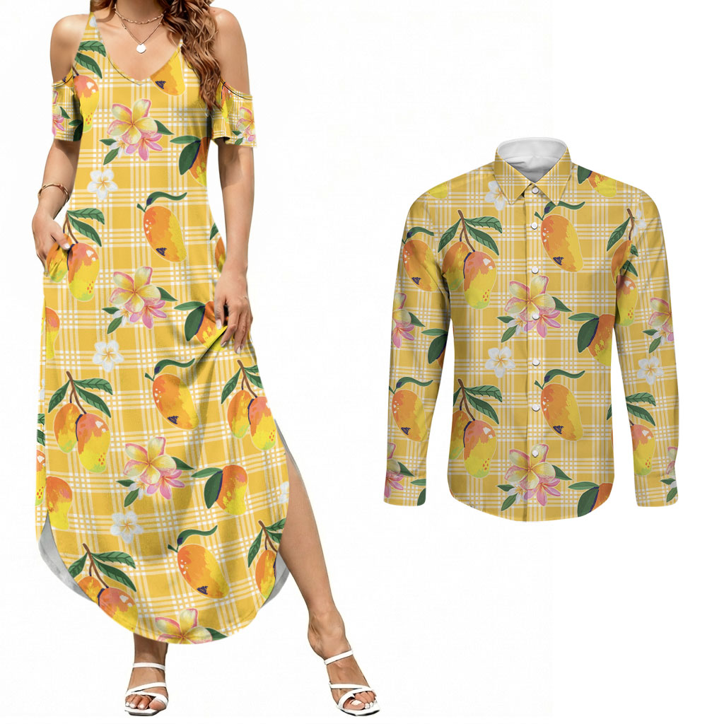 Aloha Hawaii Palaka Print Mango Plumeria Couples Matching Summer Maxi Dress and Long Sleeve Button Shirt Fresh Lemon