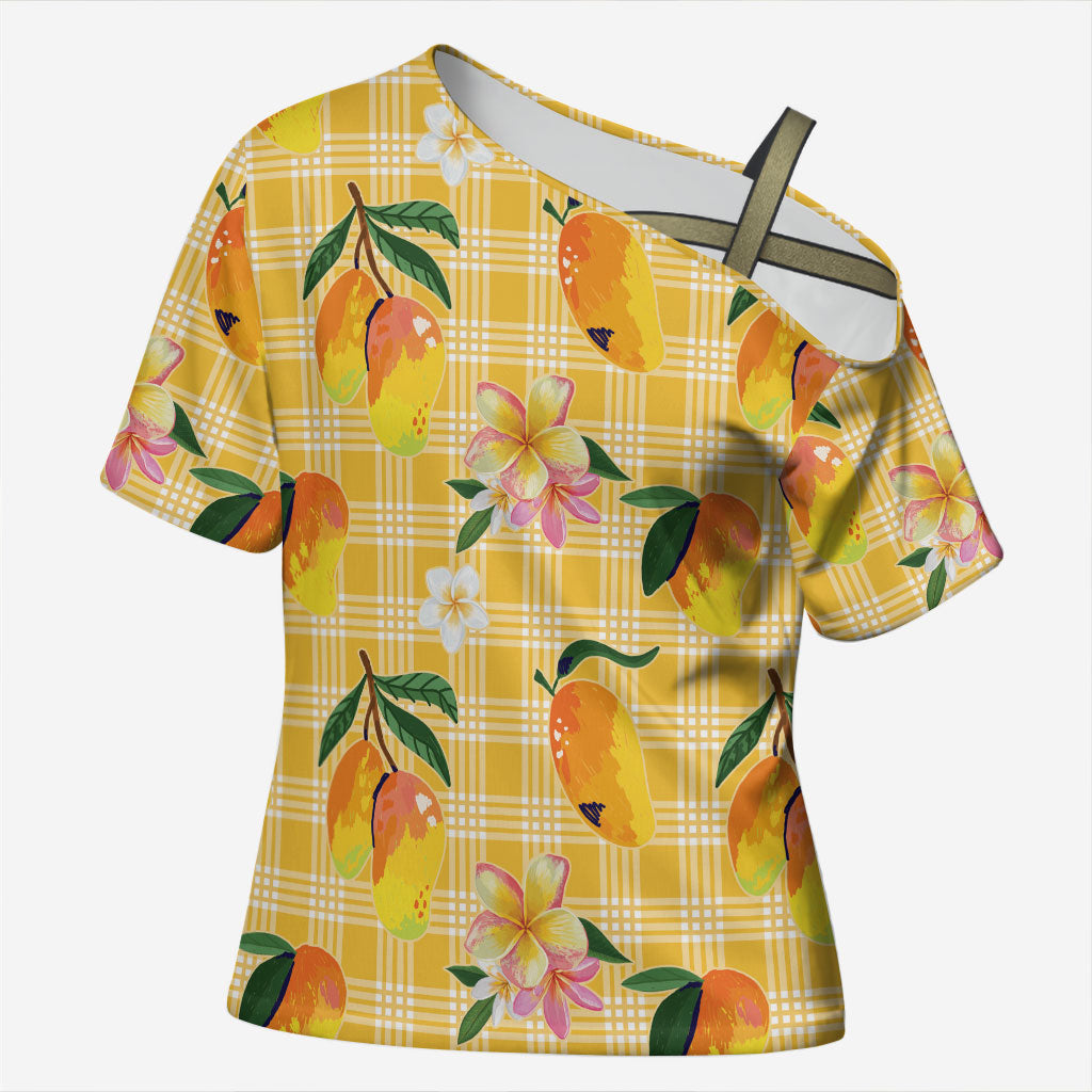 Aloha Hawaii Palaka Print Mango Plumeria Cross Shoulder Shirt Fresh Lemon