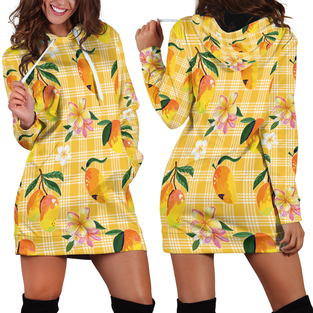 Aloha Hawaii Palaka Print Mango Plumeria Hoodie Dress Fresh Lemon