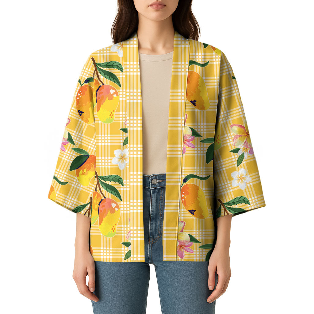 Aloha Hawaii Palaka Print Mango Plumeria Kimono Fresh Lemon