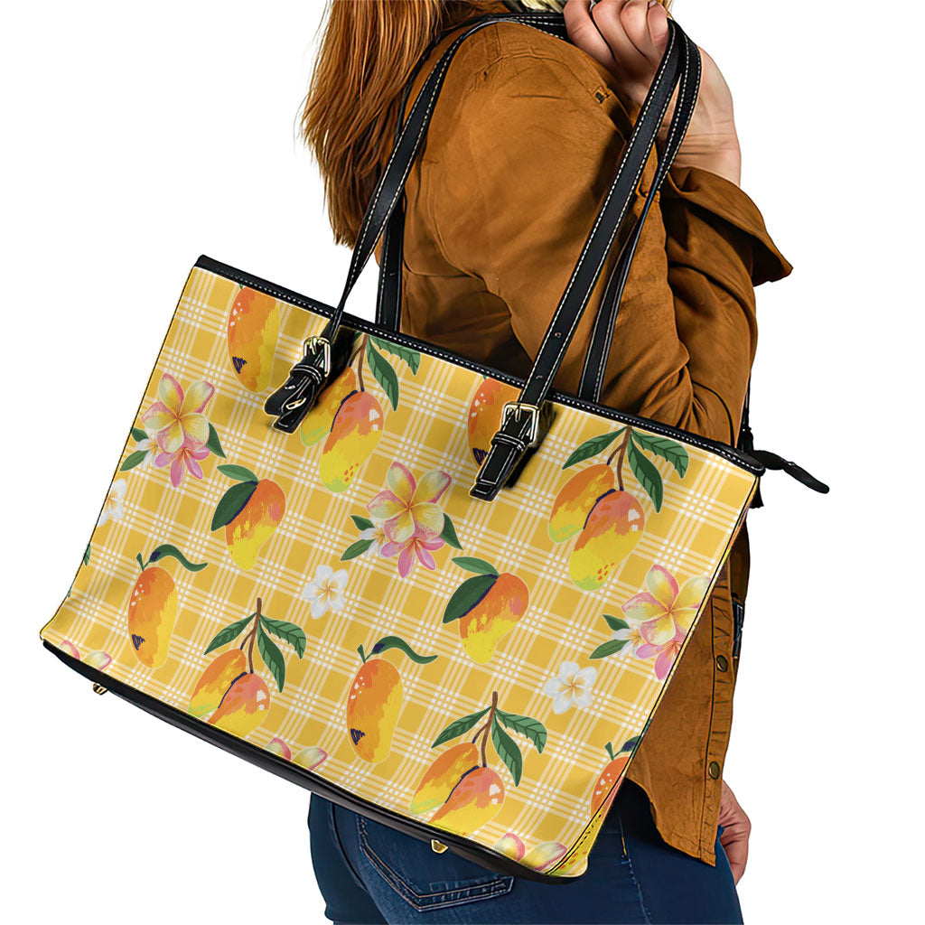 Aloha Hawaii Palaka Print Mango Plumeria Leather Tote Bag Fresh Lemon
