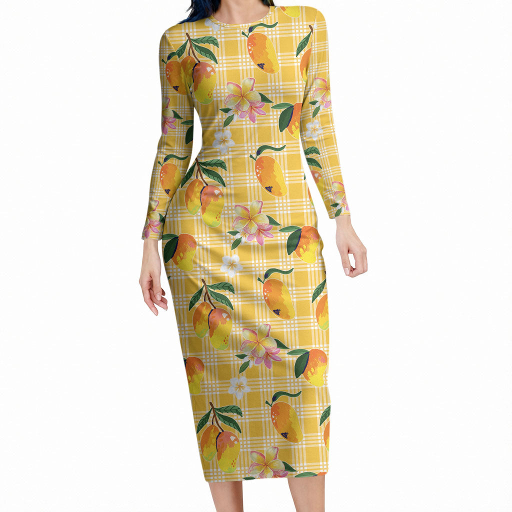 Aloha Hawaii Palaka Print Mango Plumeria Long Sleeve Bodycon Dress Fresh Lemon