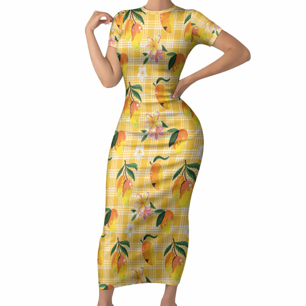 Aloha Hawaii Palaka Print Mango Plumeria Short Sleeve Bodycon Dress Fresh Lemon