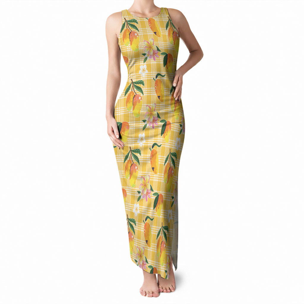 Aloha Hawaii Palaka Print Mango Plumeria Tank Maxi Dress Fresh Lemon