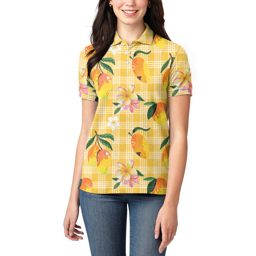Aloha Hawaii Palaka Print Mango Plumeria Women Polo Shirt Fresh Lemon