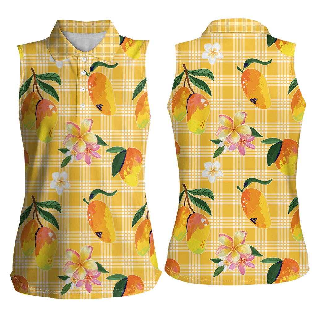 Aloha Hawaii Palaka Print Mango Plumeria Women Sleeveless Polo Shirt Fresh Lemon