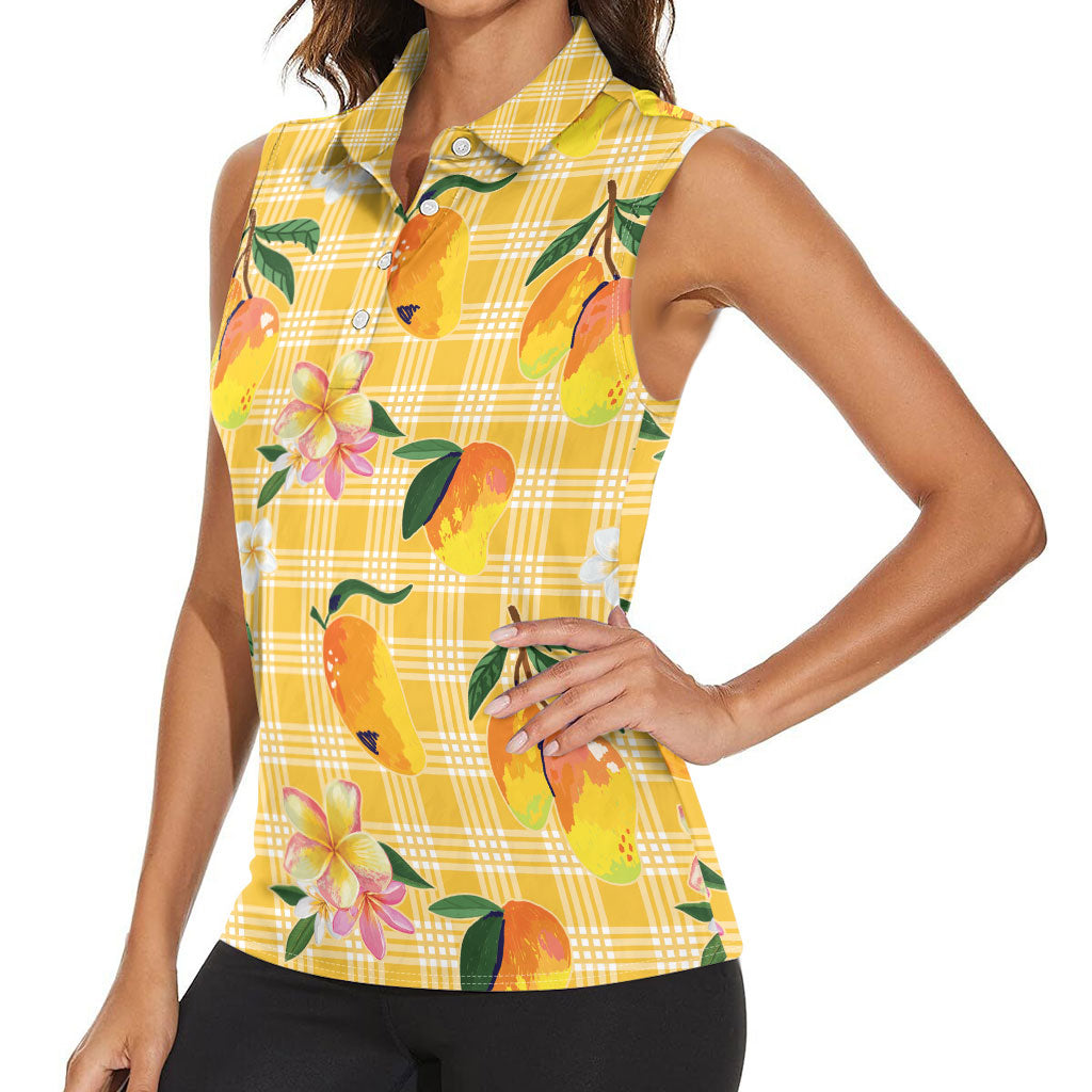 Aloha Hawaii Palaka Print Mango Plumeria Women Sleeveless Polo Shirt Fresh Lemon