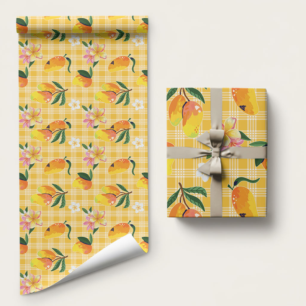 Aloha Hawaii Palaka Print Mango Plumeria Wrapping Paper Fresh Lemon