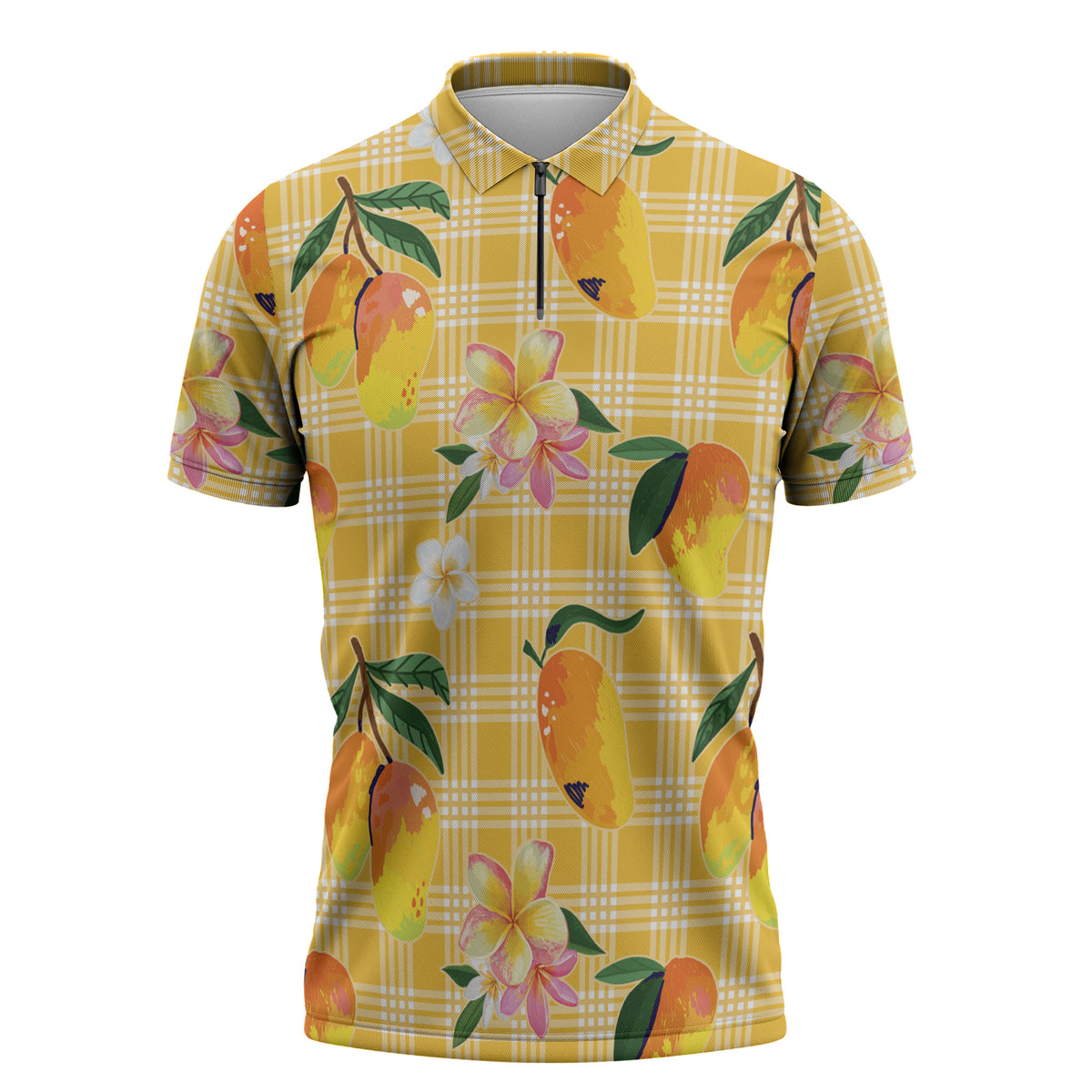 Aloha Hawaii Palaka Print Mango Plumeria Zipper Polo Shirt Fresh Lemon