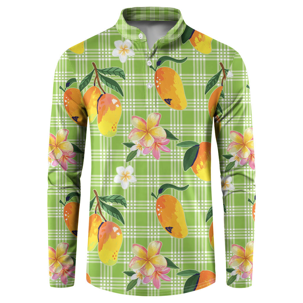 Aloha Hawaii Palaka Print Mango Plumeria Button Sweatshirt Cool Mint
