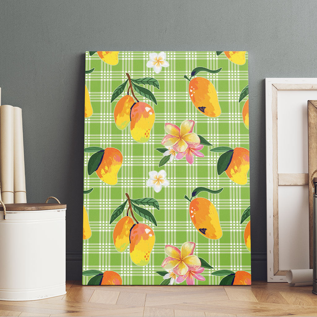 Aloha Hawaii Palaka Print Mango Plumeria Canvas Wall Art Cool Mint