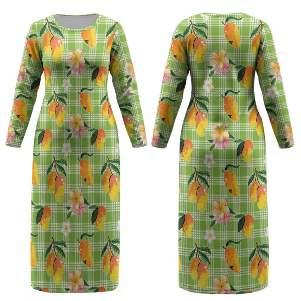 Aloha Hawaii Palaka Print Mango Plumeria Couples Matching Long Sleeve Bodycon Dress and Hawaiian Shirt Cool Mint