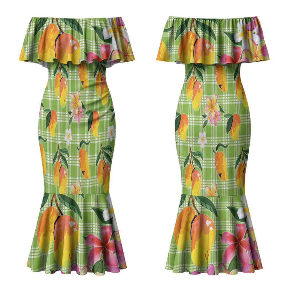 Aloha Hawaii Palaka Print Mango Plumeria Couples Matching Mermaid Dress and Hawaiian Shirt Cool Mint