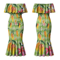 Aloha Hawaii Palaka Print Mango Plumeria Couples Matching Mermaid Dress and Hawaiian Shirt Cool Mint