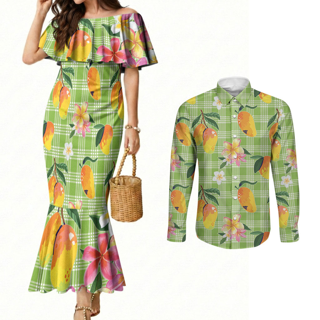 Aloha Hawaii Palaka Print Mango Plumeria Couples Matching Mermaid Dress and Long Sleeve Button Shirt Cool Mint