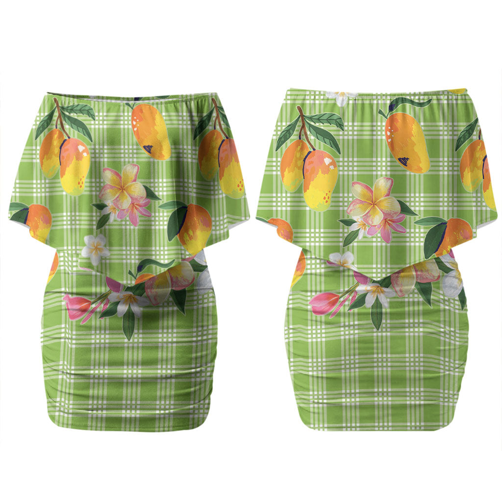 Aloha Hawaii Palaka Print Mango Plumeria Couples Matching Off Shoulder Short Dress and Hawaiian Shirt Cool Mint