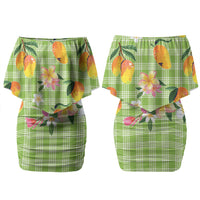 Aloha Hawaii Palaka Print Mango Plumeria Couples Matching Off Shoulder Short Dress and Hawaiian Shirt Cool Mint