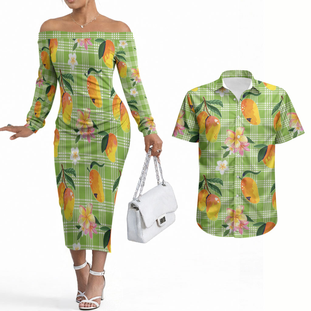 Aloha Hawaii Palaka Print Mango Plumeria Couples Matching Off The Shoulder Long Sleeve Dress and Hawaiian Shirt Cool Mint