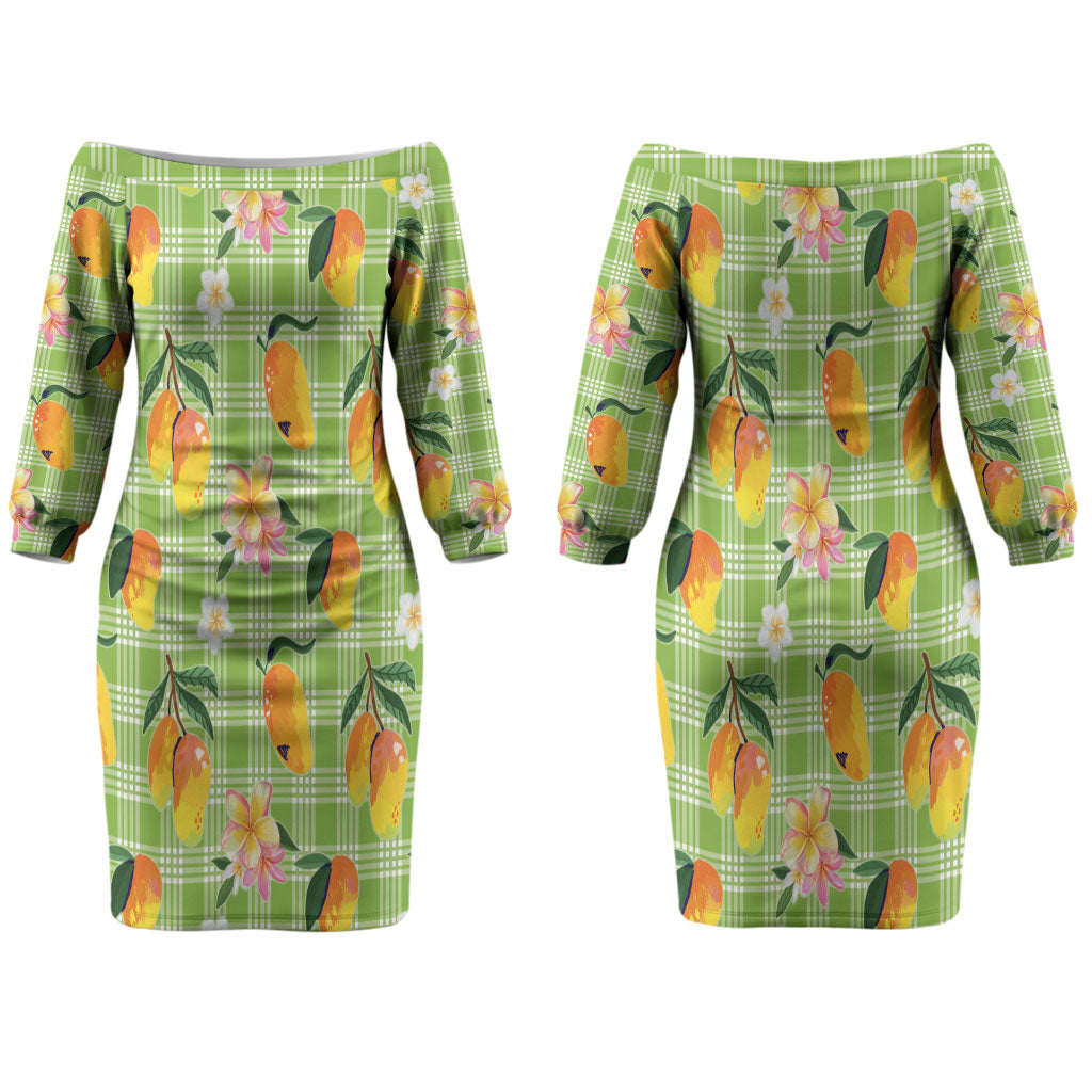 Aloha Hawaii Palaka Print Mango Plumeria Couples Matching Off The Shoulder Long Sleeve Dress and Long Sleeve Button Shirt Cool Mint