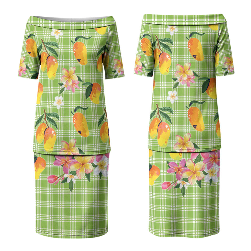 Aloha Hawaii Palaka Print Mango Plumeria Couples Matching Puletasi and Hawaiian Shirt Cool Mint